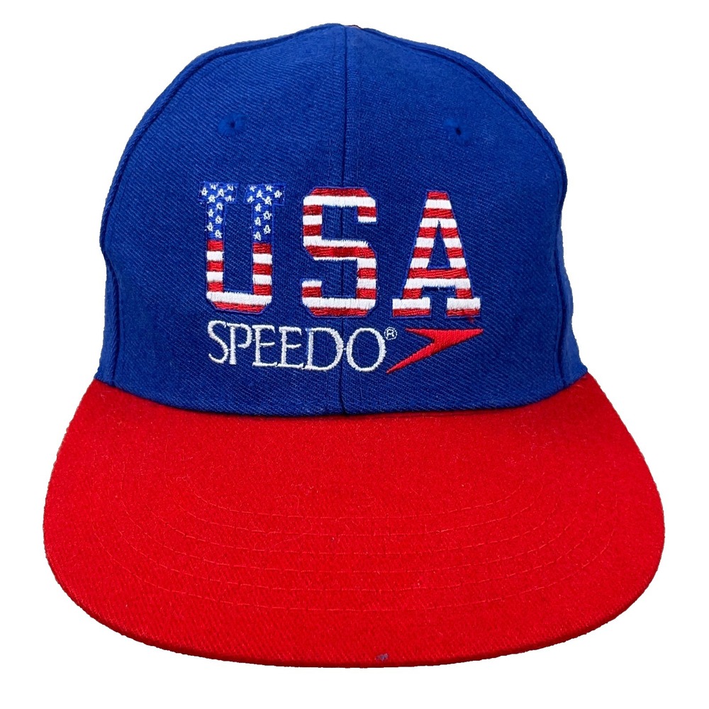 Vintage Speedo Hat Cap Snapback Olympics USA Blue Red Running Swimming 90s Y2K